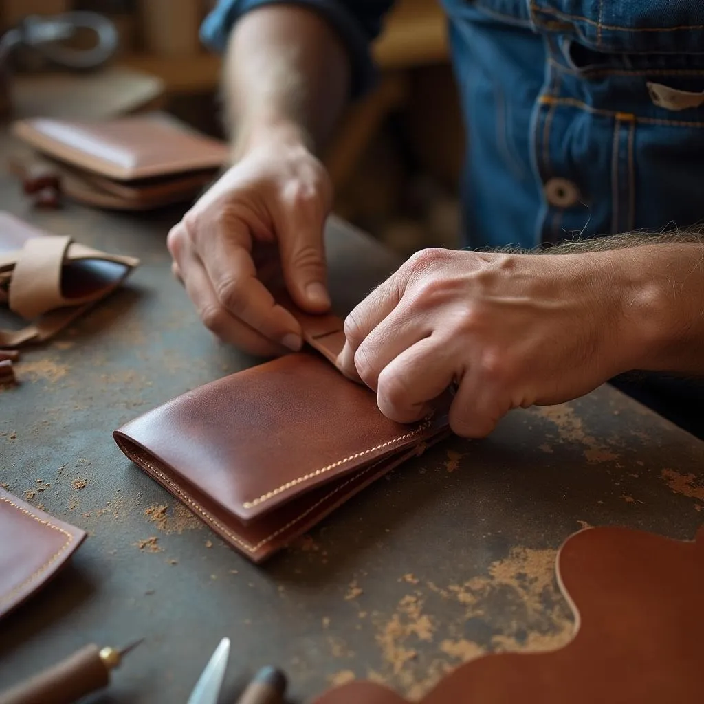 Handcrafting leather wallet process